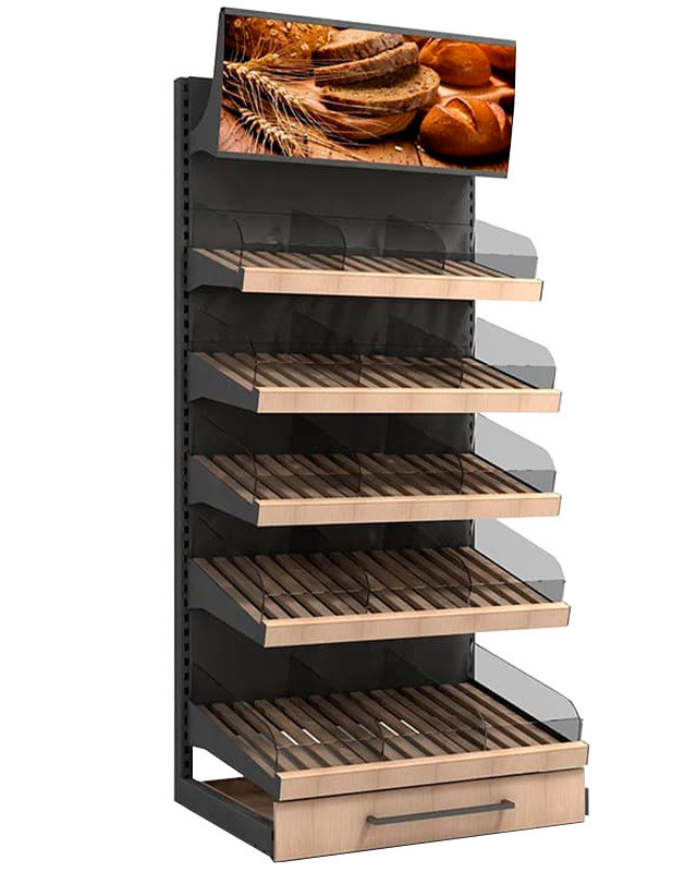 Хлебный стеллаж без подсветки и фриза (2130-1000-700 мм) с выдвижными полками и ограничителями из оргстекла