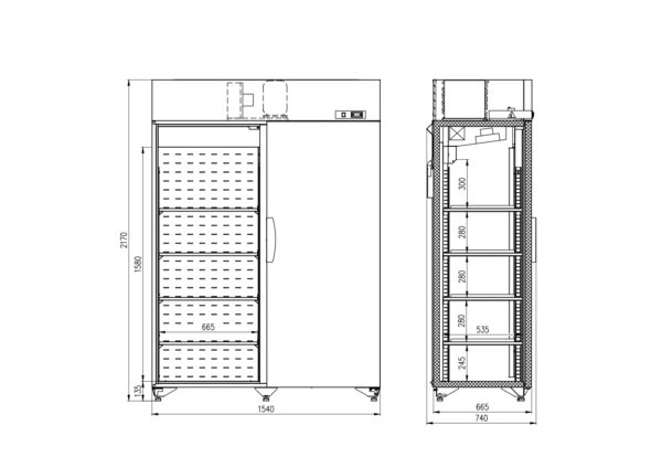 Шкаф холодильный двухдверный Случь 1400 л с верхним расположением компрессора: размеры