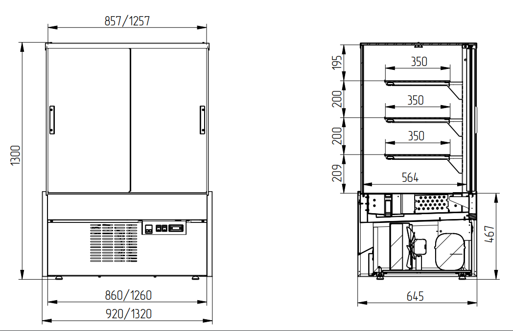 Витрина холодильная кондитерская МЕРЕЯ ВВ для магазинов, кондитерских - размеры