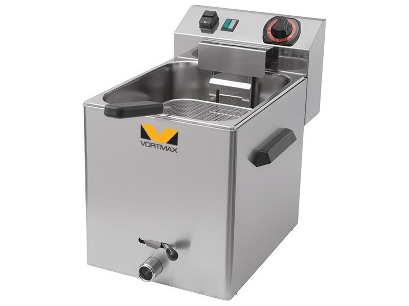 Фритюрница Vortmax F1 Е R8 tap: настольная; 220 В; 1 ванна; объем ванны - 8 л; от 50 до 190 °С; кран для слива масла; 3 кВт